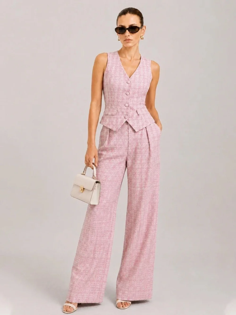 Commense 2 piece Sleeveless Pink Tweed Vest & Wide-Leg Pants Set